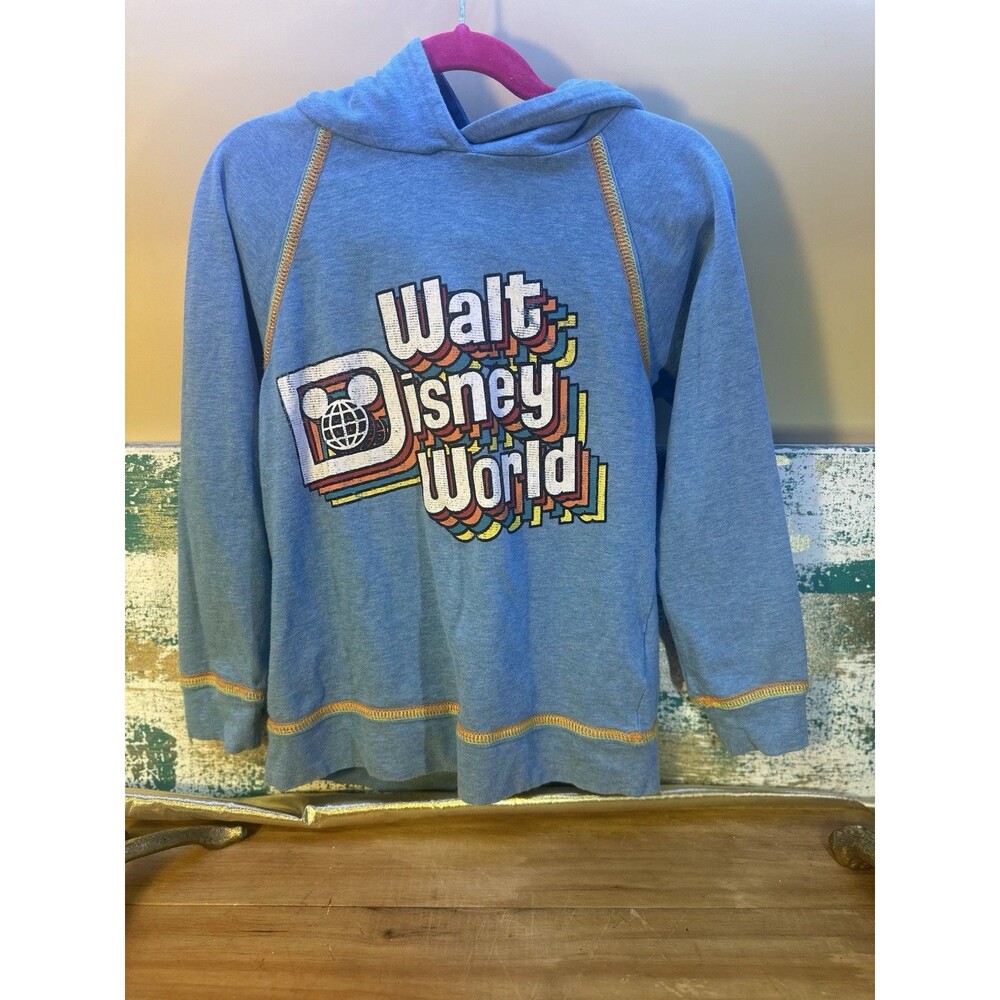 Kids Size M Retro Font Blue Walt Disney World long sleeve Hooded Shirt